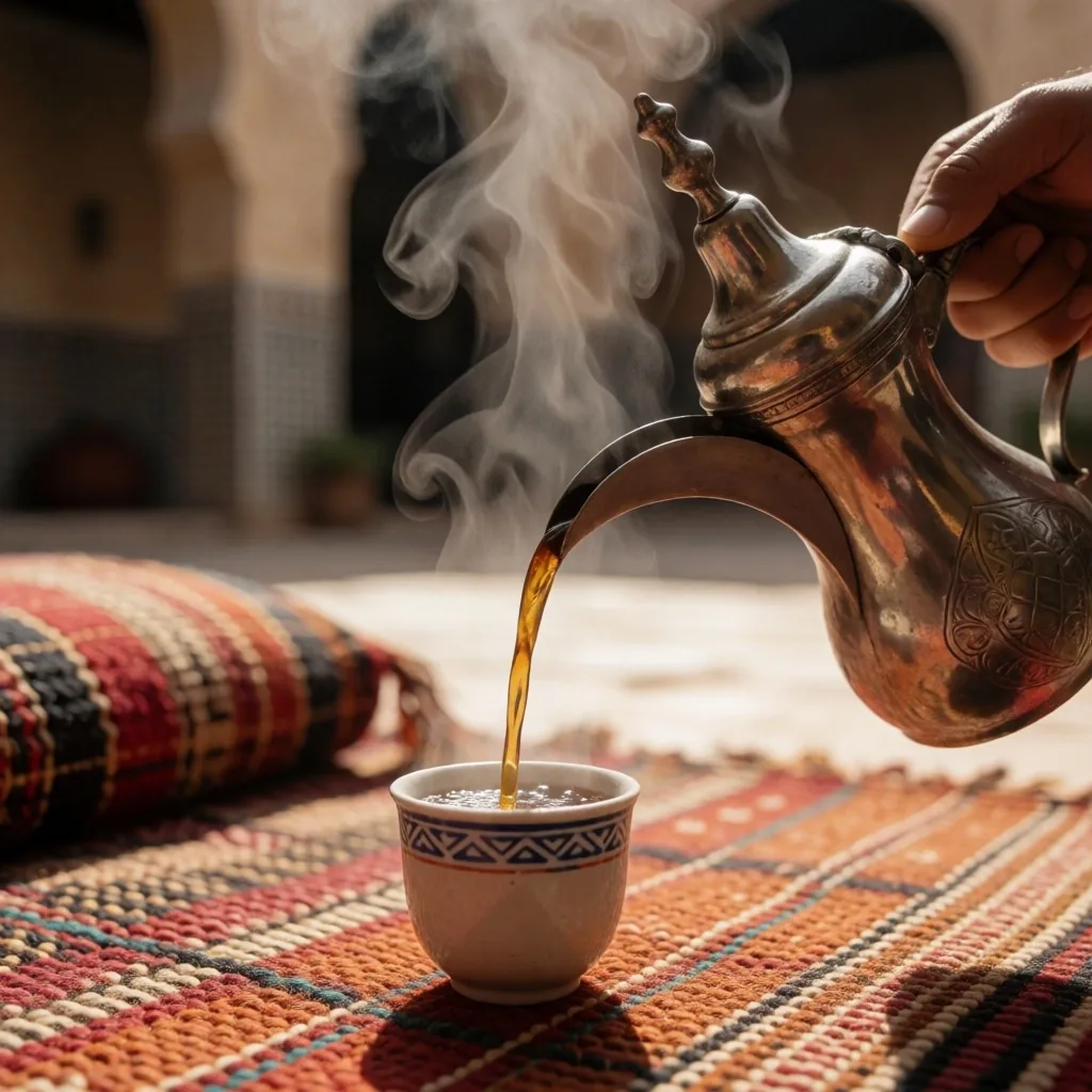Arabian coffee pot pouring into a small cup on a woven surface