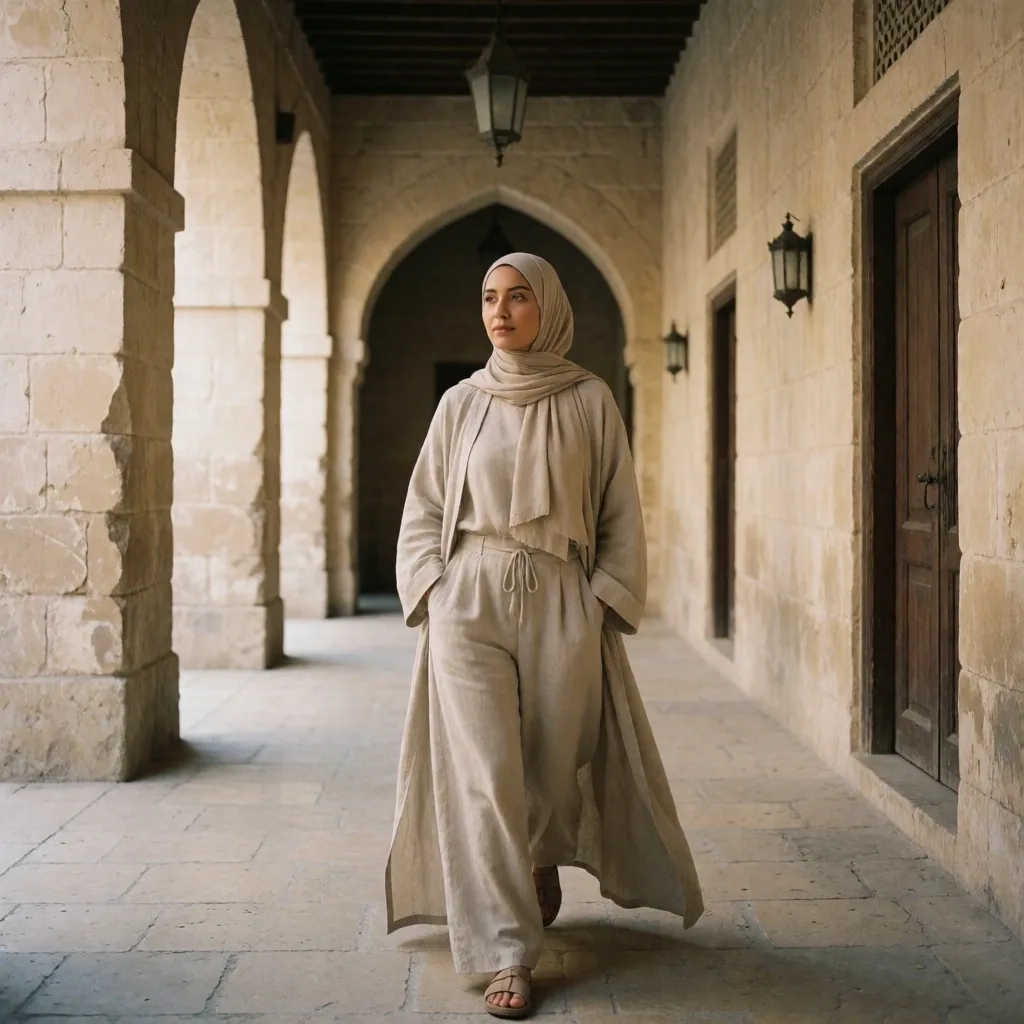 Person in modest clothing walking through an arched corridor