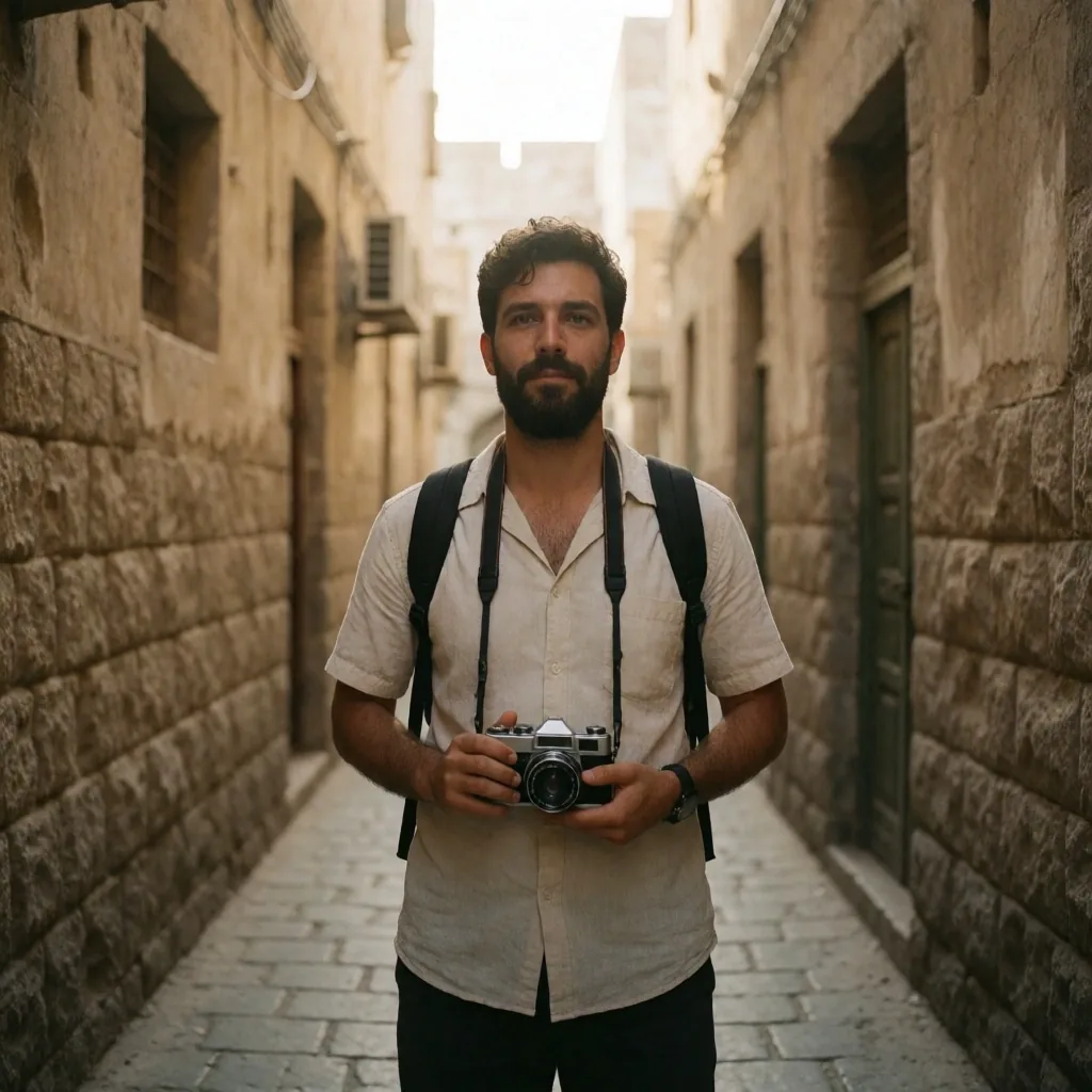 Traveler holding a camera in a narrow stone alley
