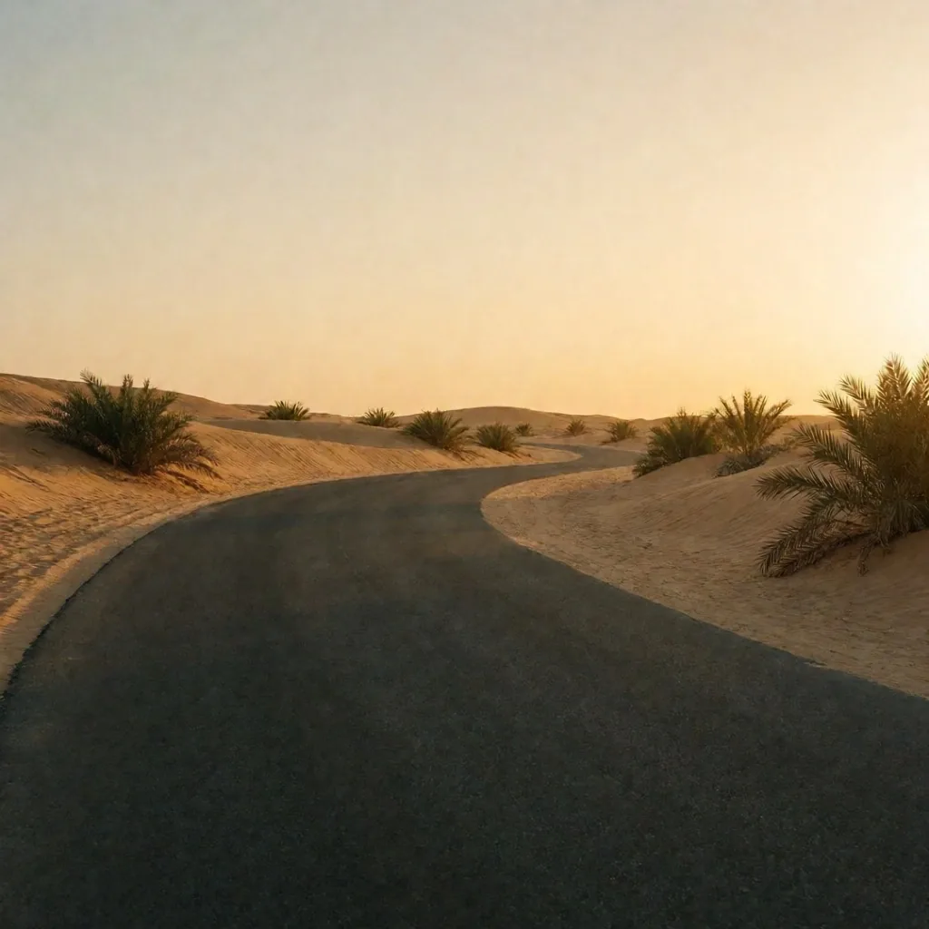 Quiet coastal road at golden hour
