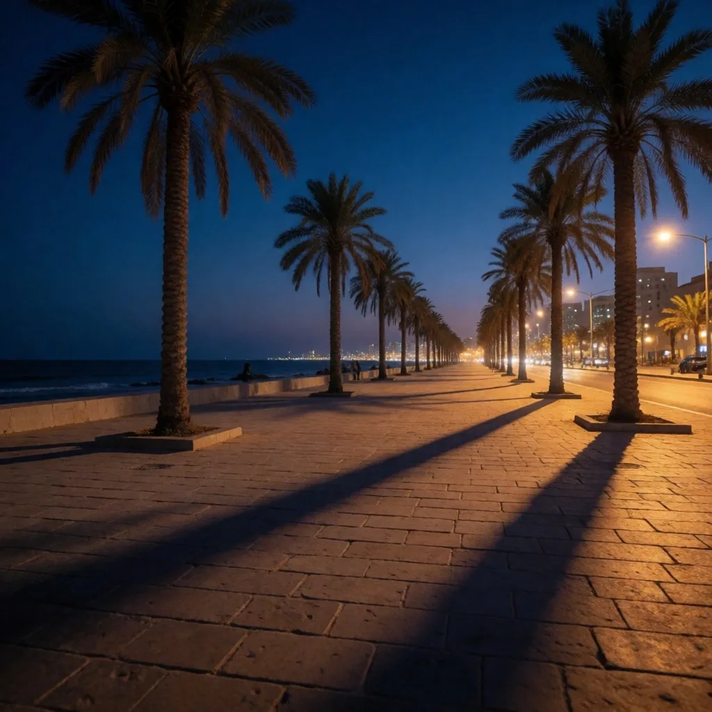 Coastal promenade with palm shadows at dusk