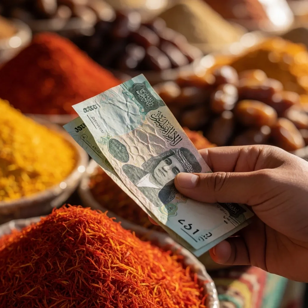 Local currency in hand at a market