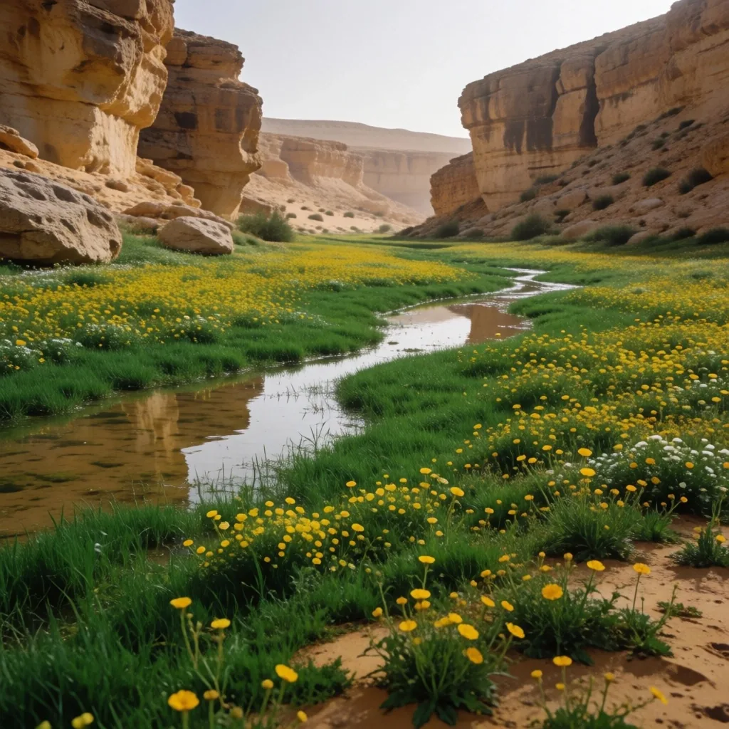 Desert wadi blooming green after rain